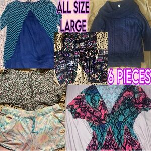 Women’s Size Large Bundle: Dress, Leggings, Pocketed PJ Shorts, Sweater + Blouse